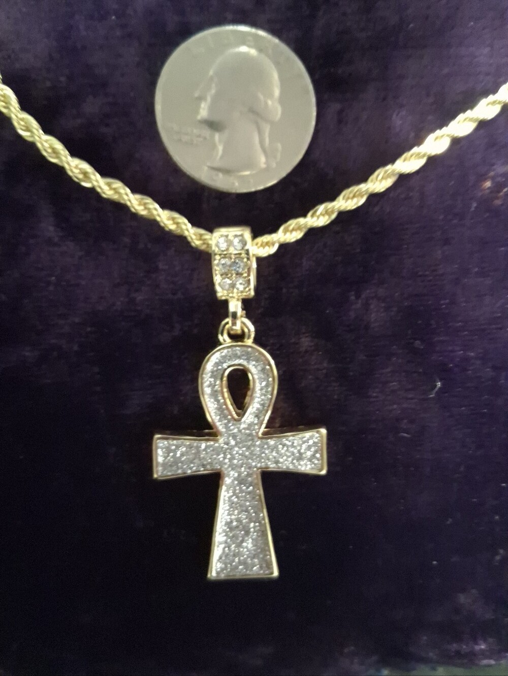 Gold Ankh Pendant Necklace with Clear Crystal Inlay - Women Jewelry !